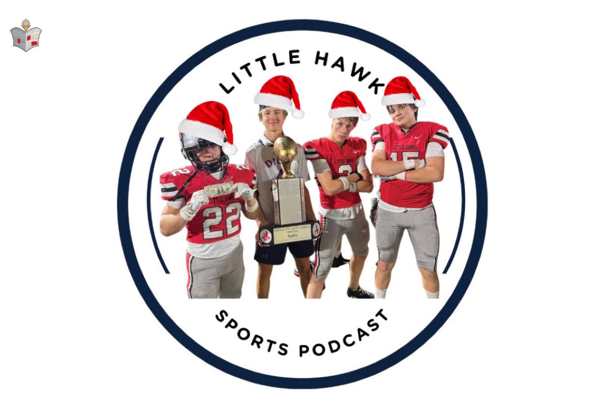 Special addition graphic for the Holiday Special of the little hawk sports podcast. Featured in the image is Jack Rogers '26, Rito Perez '26, Gabriel Egeland '25,  and Jack Lampe '26. 