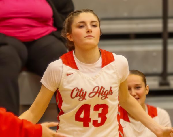 Junior Tessa Driscoll checks in before the game.  Tessa is averaging over 30% from the 3-point line for the season.