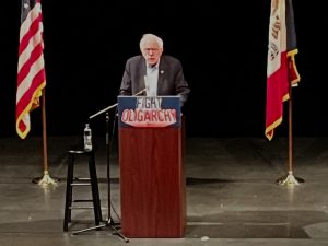 Bernie Sanders gives a speech about Fighting Oligarchy in Iowa City on February 22nd.