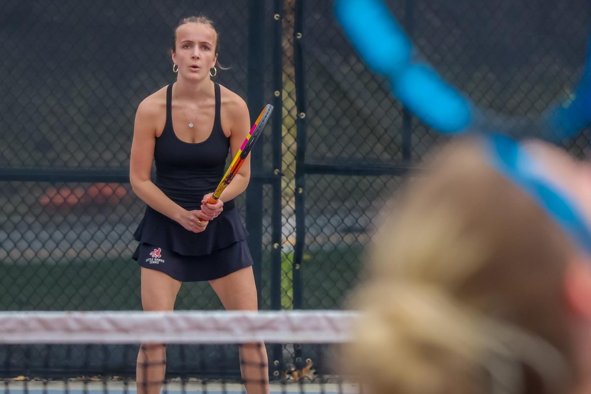 Hattie Conover waits for a return against Cedar Falls number 3 tennis player.  The team fell in the match, but Hattie sees it as building block.

"Our match against Cedar Falls was not the best we have played as a team. Coach Camblin will help us learn from how we played and continue to improve," Hattie said.
